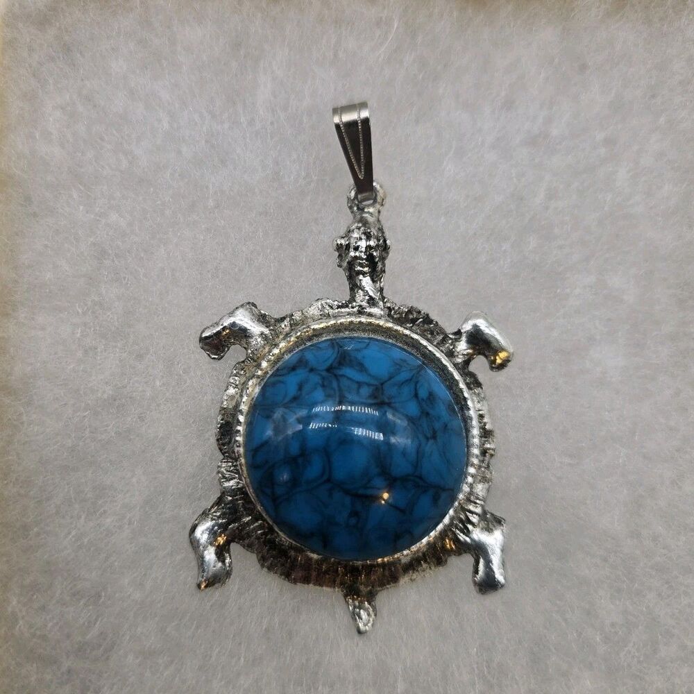 Vintage Teal Blue Turtle Pendant Southwestern Silver Tone Boho